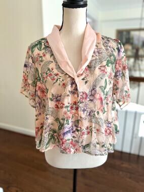 Vintage Gold Label Victoria Secret Pink Satin Floral Loose Short Sleeve Crop Top
